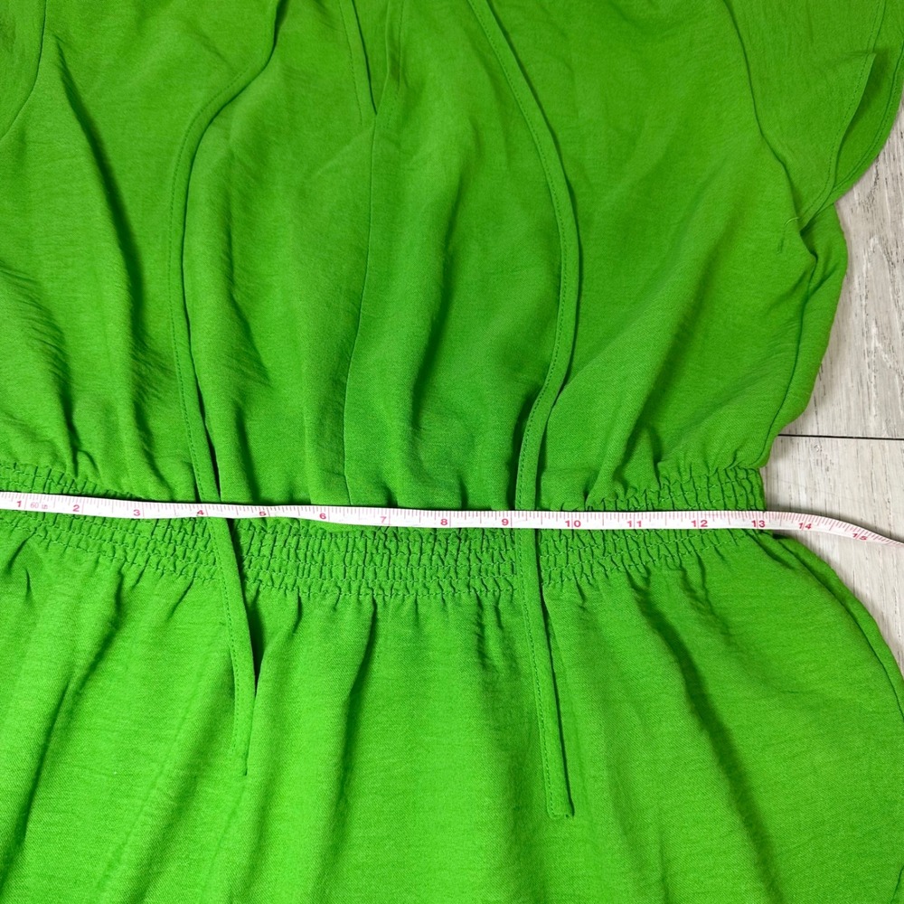 London times green mini smocked waist tie neck ruffle dress flutter medium - Picture 7 of 11